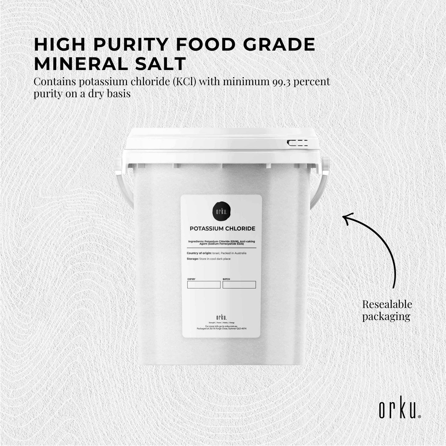 Orku 1.3Kg Potassium Chloride Powder Tub - Food Grade E508 Salt Substitute