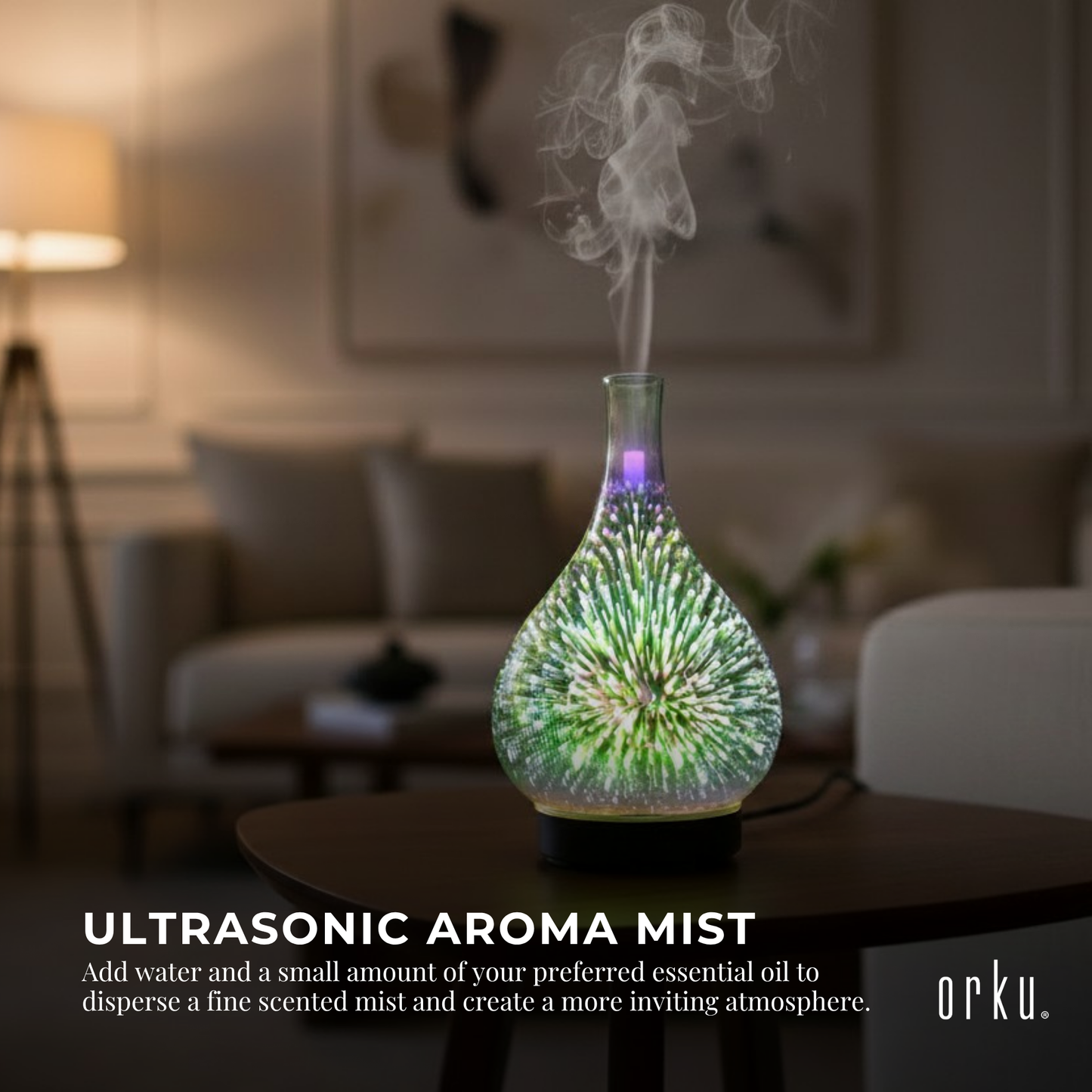 Orku Essential Oil Aroma Diffuser - Mirror 3D Fireworks Light USB Remote