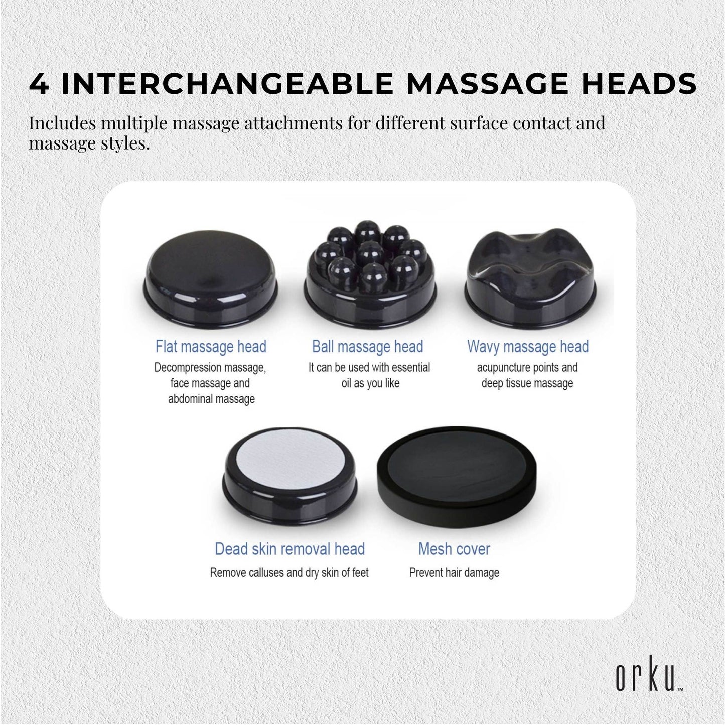 Orku Handheld Body Massager 4 Heads Adjustable Speed 28W Black