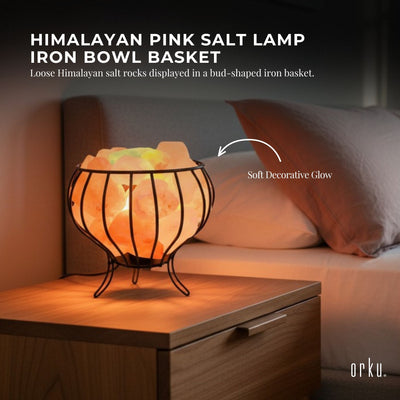 Orku Iron Bowl Himalayan Pink Salt Lamp + Basket - Hand Carved Night Light