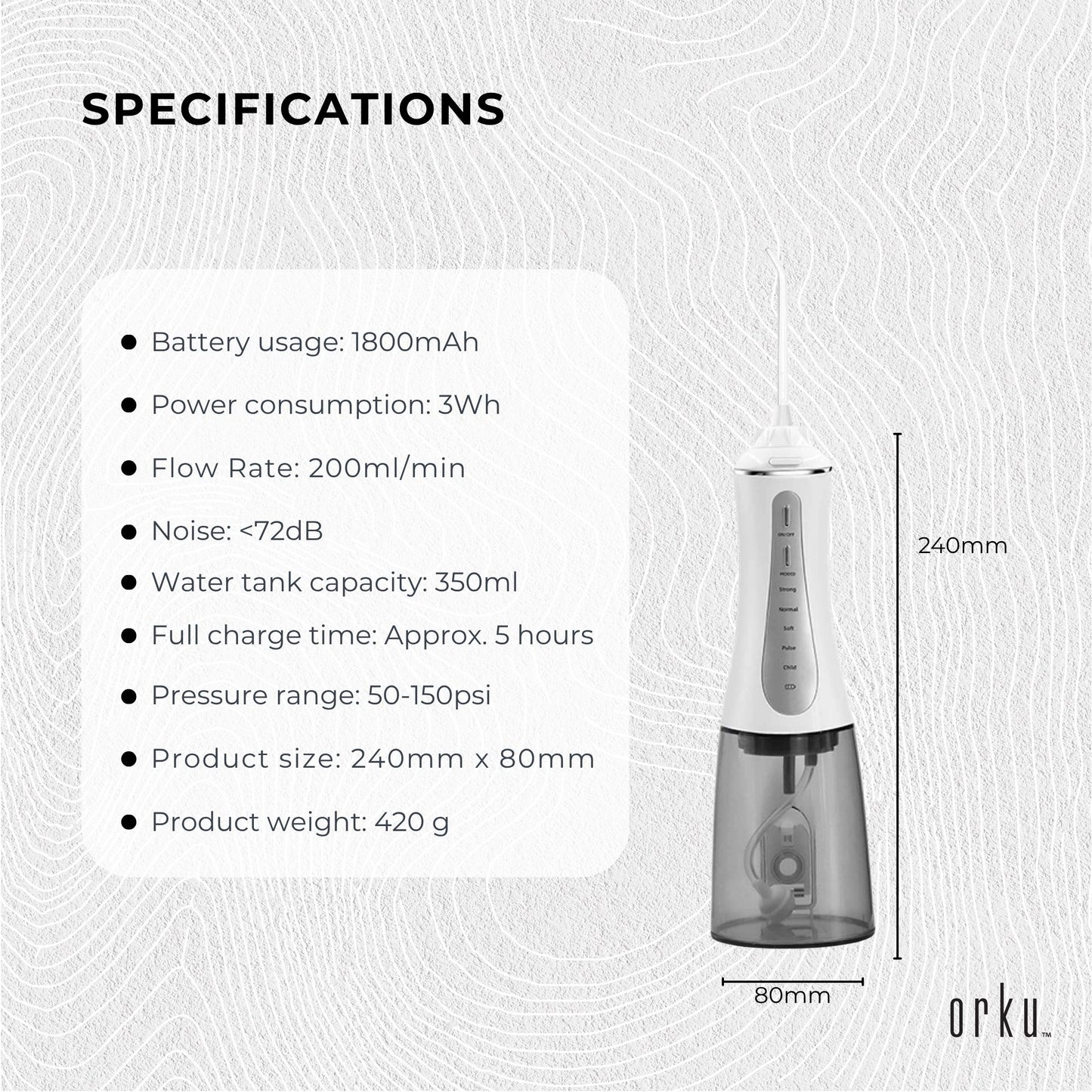 Orku Portable Oral Irrigator Flosser 350ml - Rechargeable Teeth Cleaner
