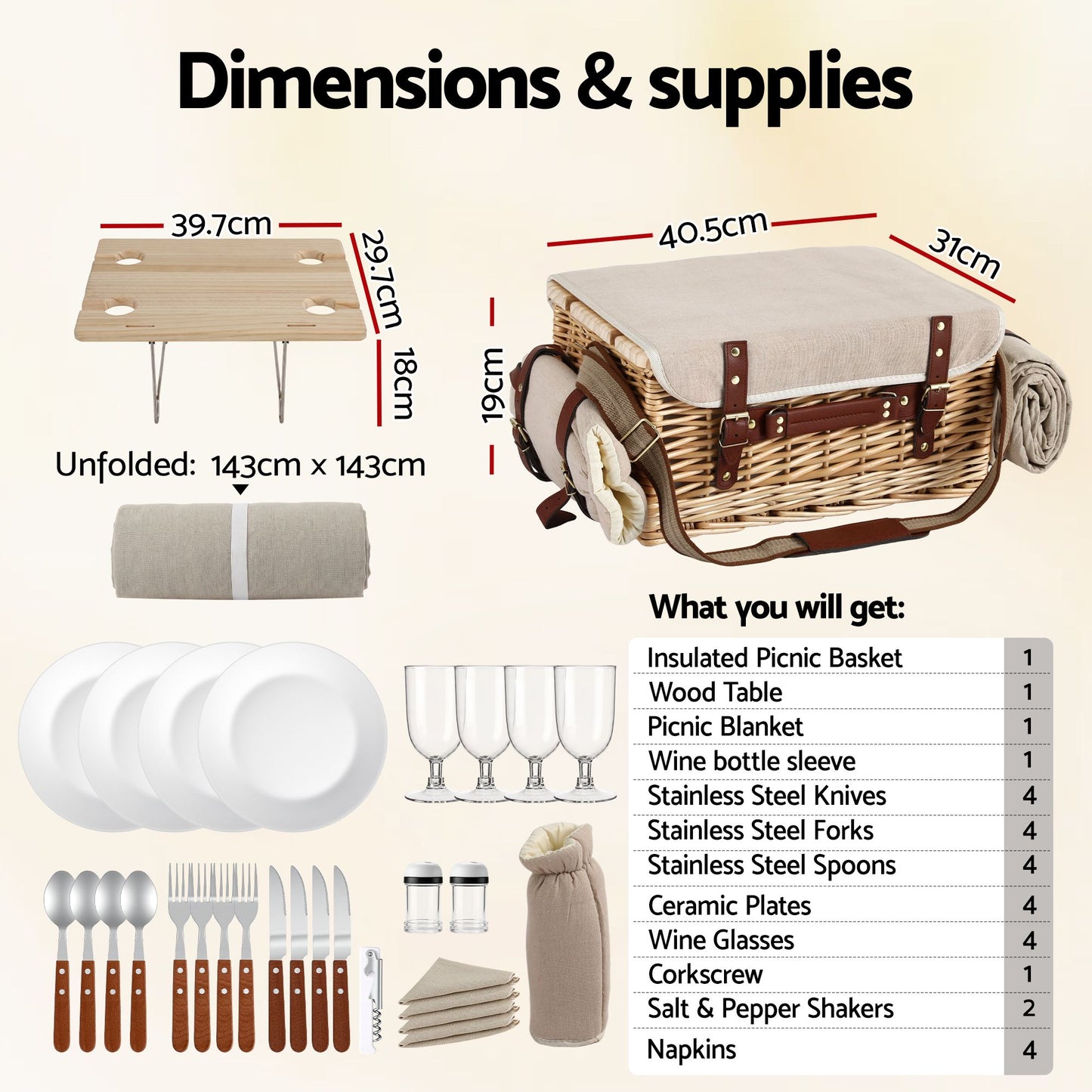 Alfresco 4 Person Insulated Picnic Basket Set with Foldable Wood Table Mat