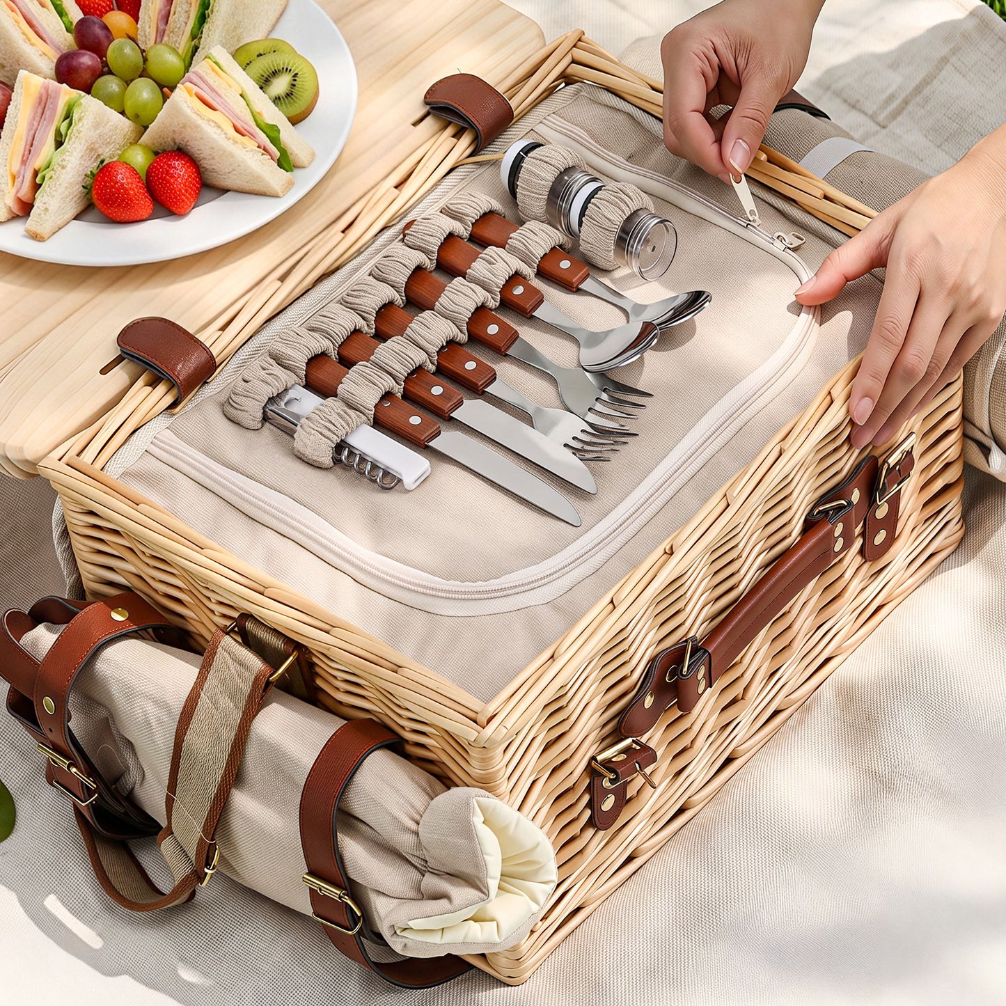 Alfresco 4 Person Insulated Picnic Basket Set with Foldable Wood Table Mat