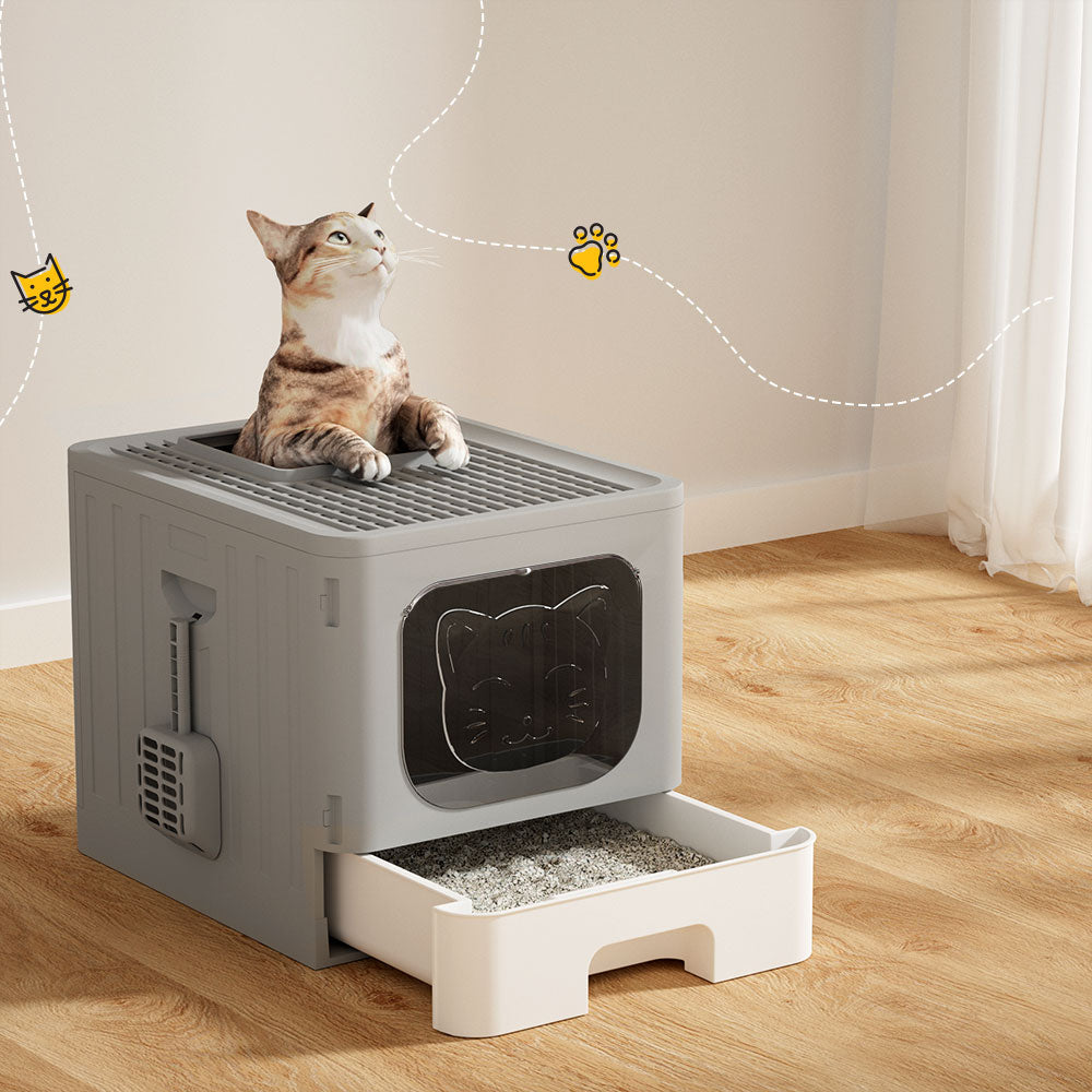 i.Pet Cat Litter Box Large Tray Kitty Toilet Enclosed Hooded Foldable Cat Litter Box Scoop Grey