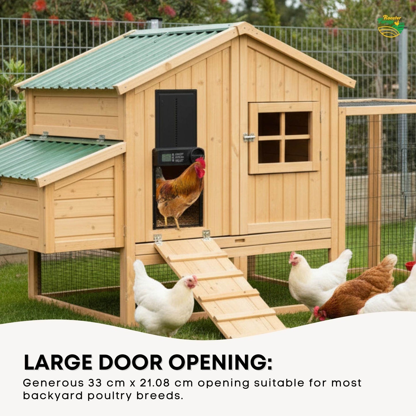 Rooster Farms Automatic Chicken Coop Door - Battery Timer Anti Pinch Safety