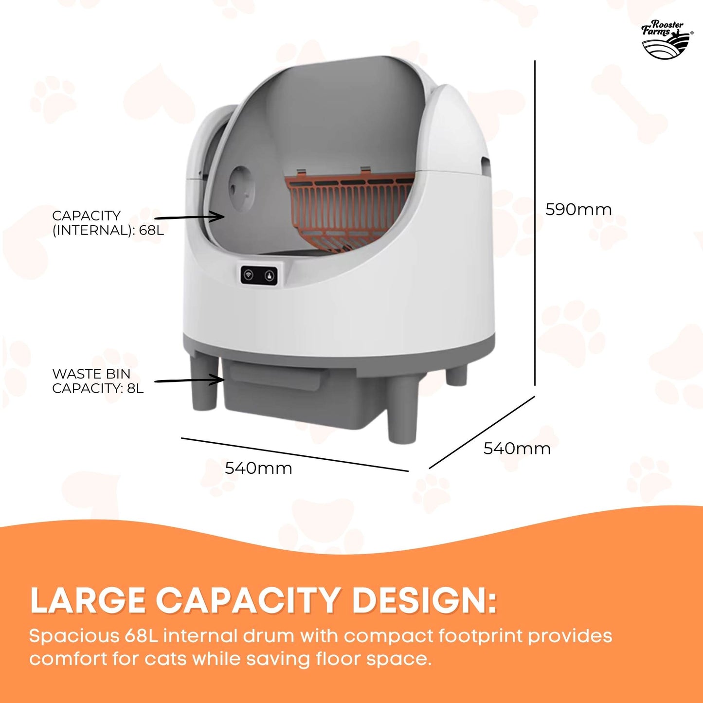 Rooster Farms Smart Cat Litter Box Automatic WiFi Self Cleaning Tray 68L