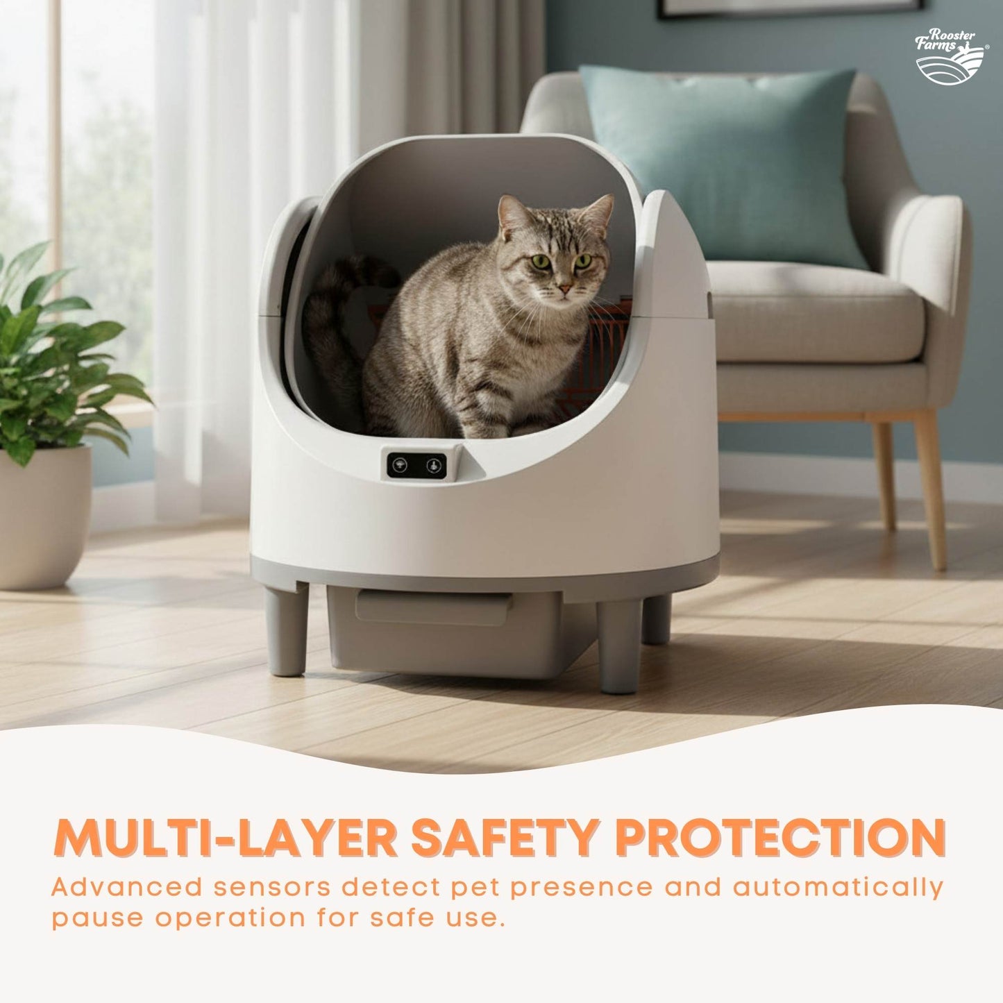 Rooster Farms Smart Cat Litter Box Automatic WiFi Self Cleaning Tray 68L