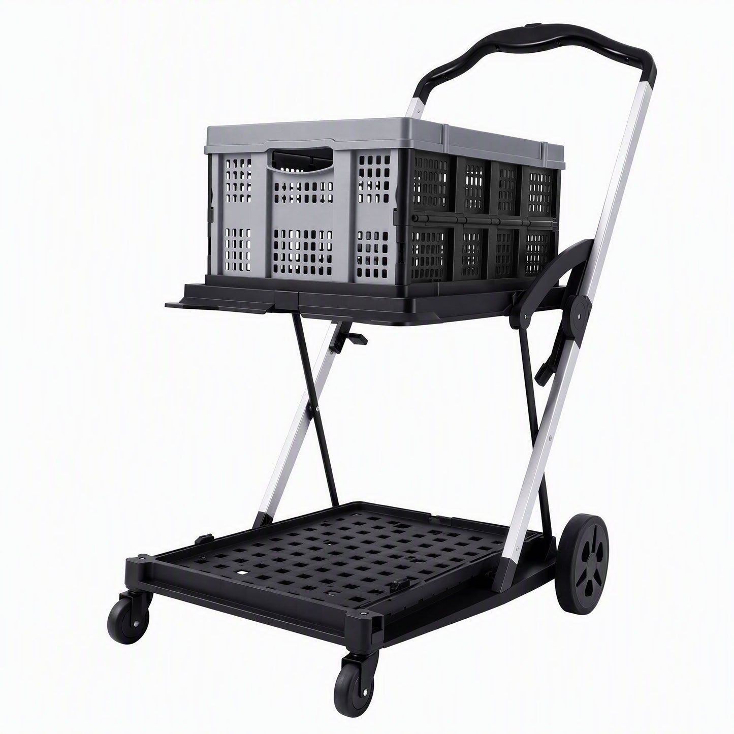 Artiss Shopping Trolley with Wheels 2 Layer w/1 Crate Foldable Trolley Grey
