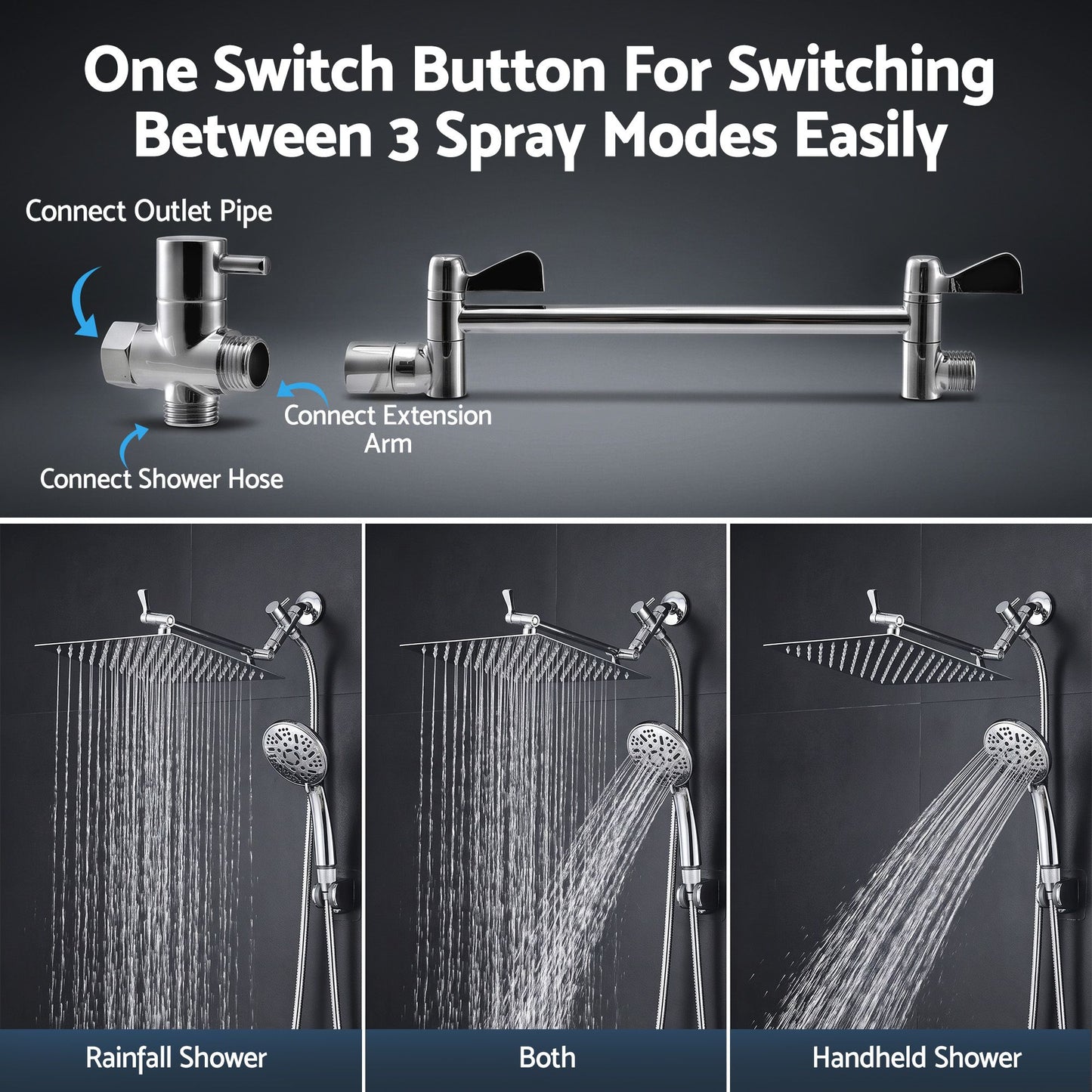 Cefito High-Pressure Rain Shower Head with Handheld, Gear-Lock Anti-Sag Arm for Family Spa, 12" Stainless Steel Rainfall & 9-Setting Wand Combo, 3-Way Diverter, Drill-Free Adhesive Bracket