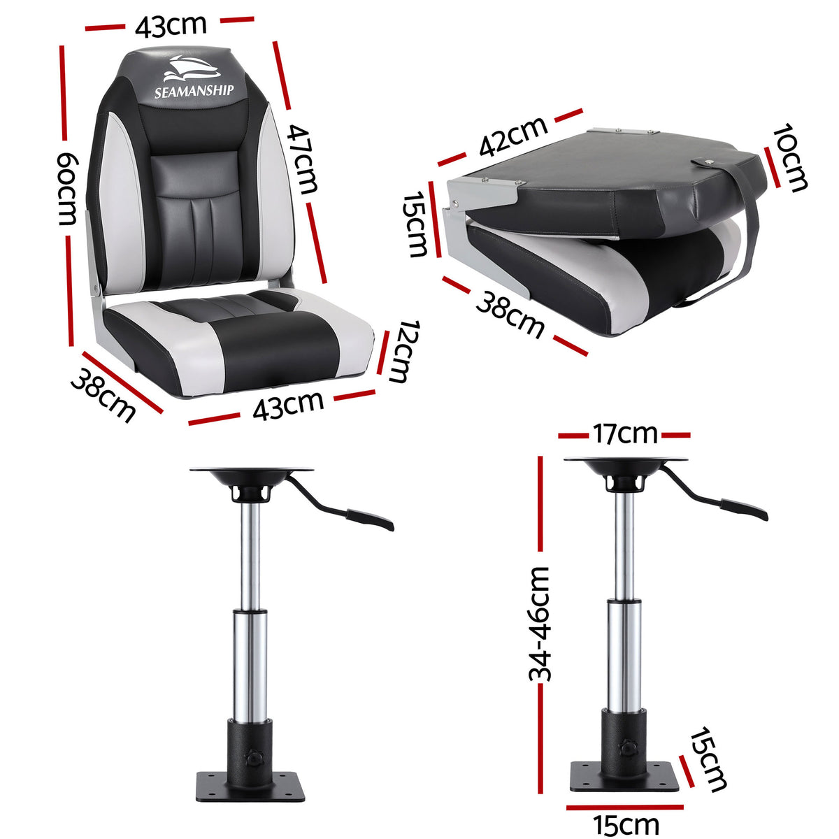 Seamanship 2X Folding Boat Seats with 2X Adjustable Pedestals 34–46cm Marine Seat Swivel High Back 12cm Padding Black