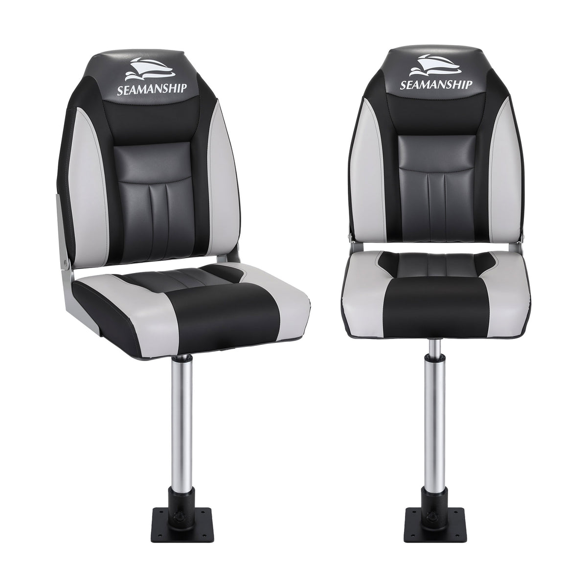 Seamanship 2X Folding Boat Seats with 2X Adjustable Pedestals 55–75cm Marine Seat Swivel High Back 12cm Padding Black
