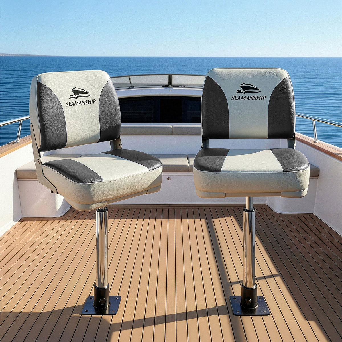 Seamanship 2X Folding Boat Seats with 2X Adjustable Pedestals 55–75cm Marine Swivel Low Back 13cm Padding Charcoal