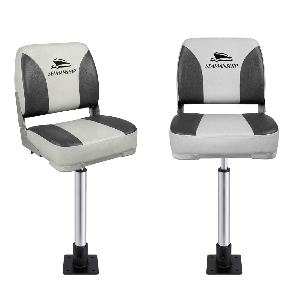 Seamanship 2X Folding Boat Seats with 2X Adjustable Pedestals 55–75cm Marine Swivel Low Back 13cm Padding Charcoal