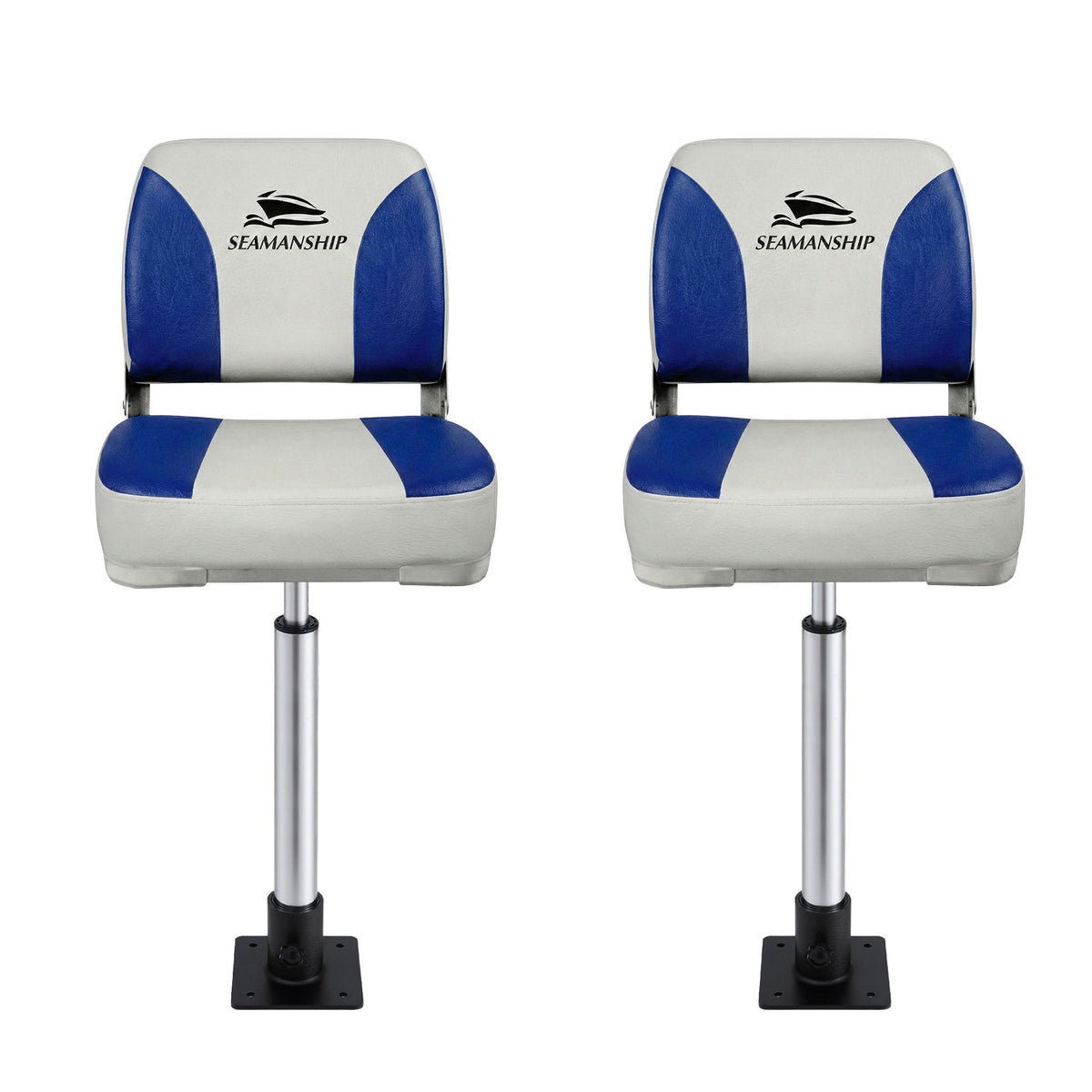 Seamanship 2X Folding Boat Seats with 2X Adjustable Pedestals 55–75cm Marine Swivel Low Back 13cm Padding White Blue