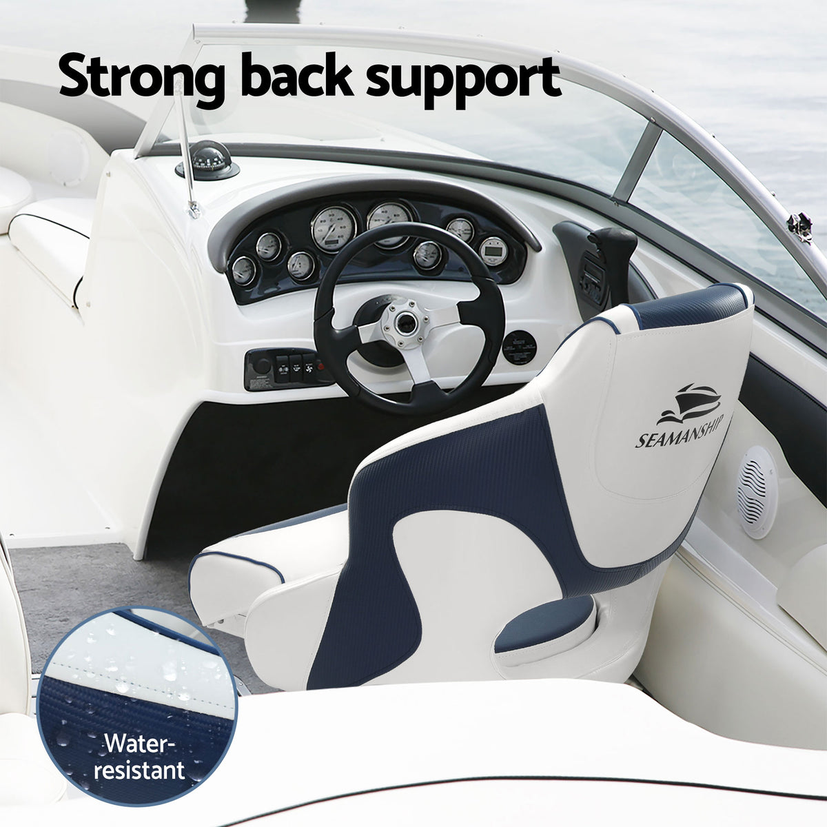 Seamanship Captain Bucket Boat Seats Flip Up Bolster Swivel 15cm Padding with Adjustable Pedestals 34–46cm Blue