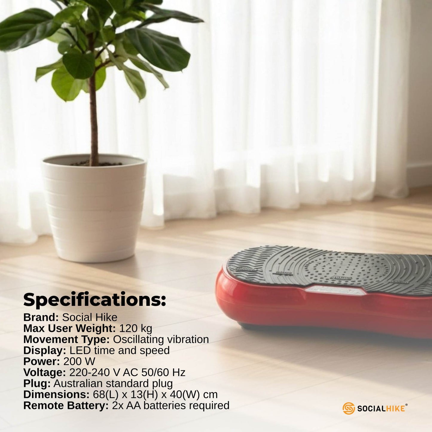 Social Hike 68cm Vibration Plate Machine Full Body Workout Platform Red