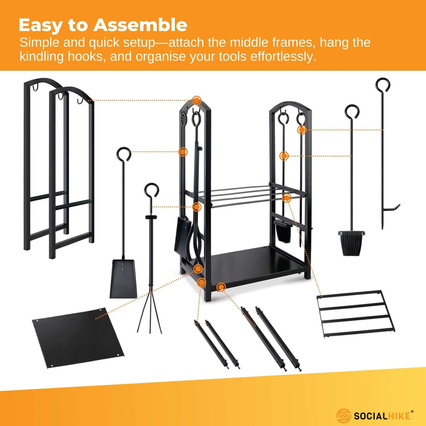 Social Hike Firewood Rack Stand and Fireplace Tool Set - Wood Log Holder