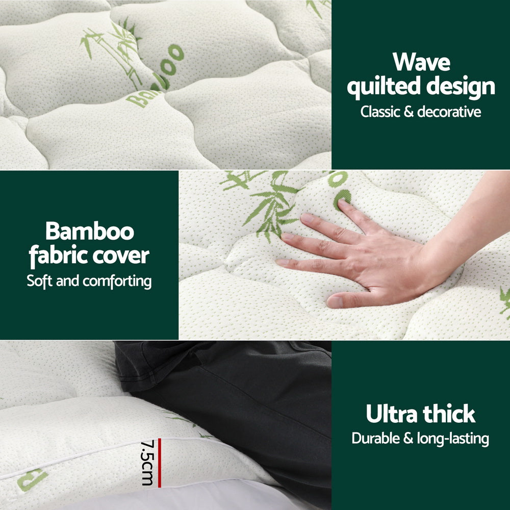 Giselle Bedding Pillowtop Mattress Topper 7.5cm Thick Bamboo Pad for Back Pain Relief Washable Skin-friendly Bed Protector with 45cm Deep Pocket Single