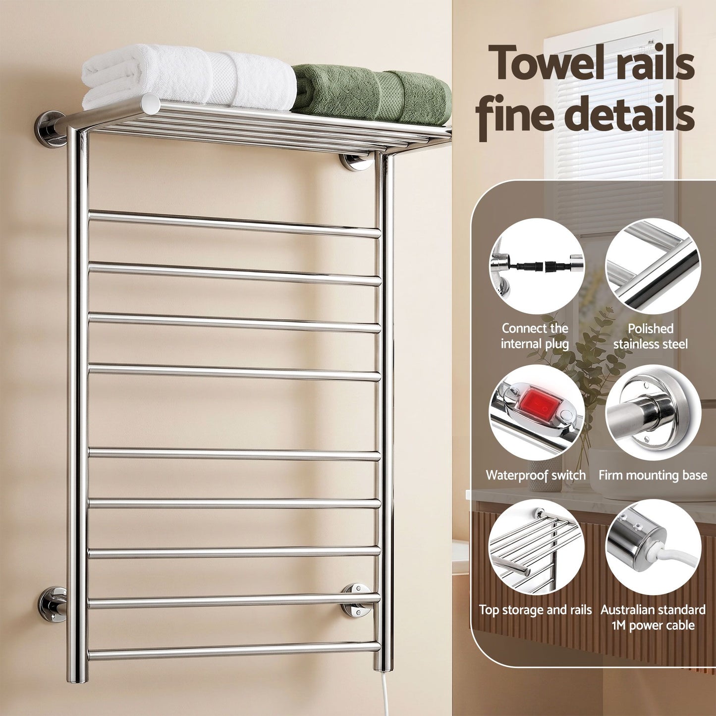 Devanti Electric Heated Towel Rail Rack 14 Bars Wall Mounted Clothes Dry Warmer