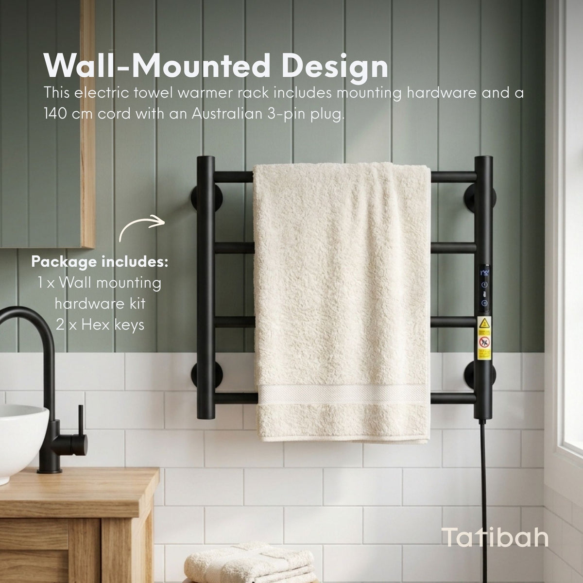 Tatibah 4 Bar Heated Towel Rack Electric Warming Rails + Timer Matte Black