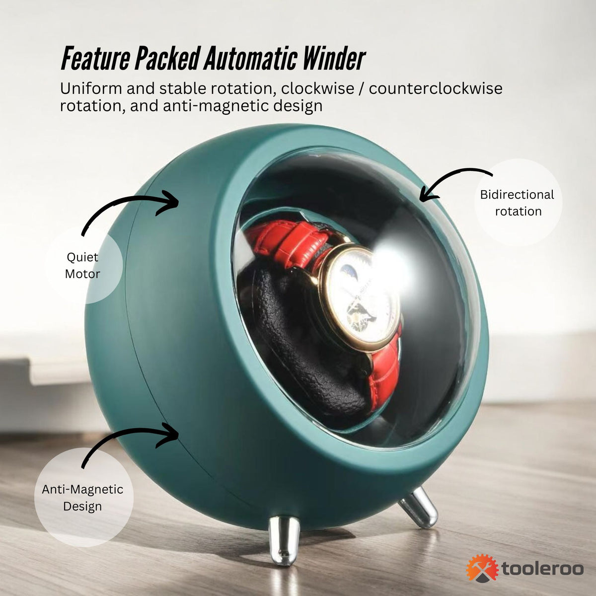 Tooleroo Automatic Watch Winder Single Rotating Display Case USB or Battery