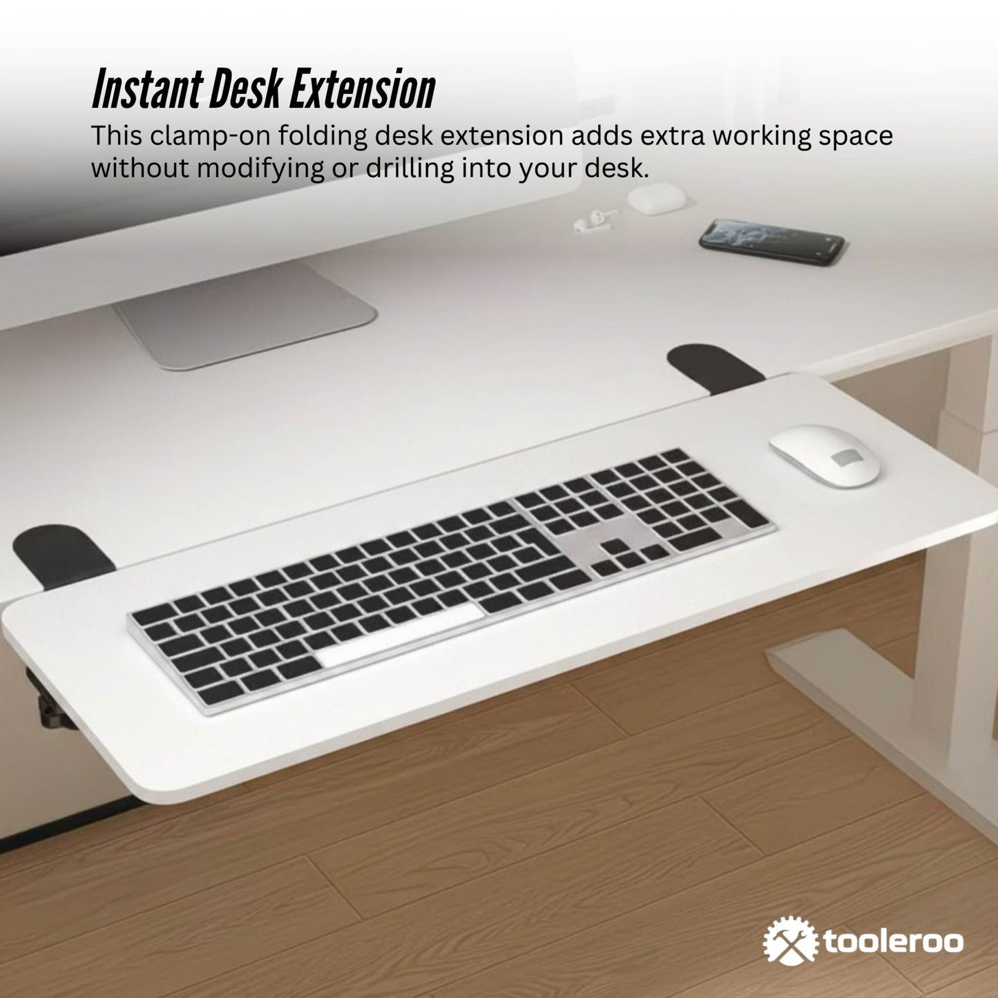 Tooleroo Folding Tray Desk Extender - Clamp-On Table Extension Shelf White
