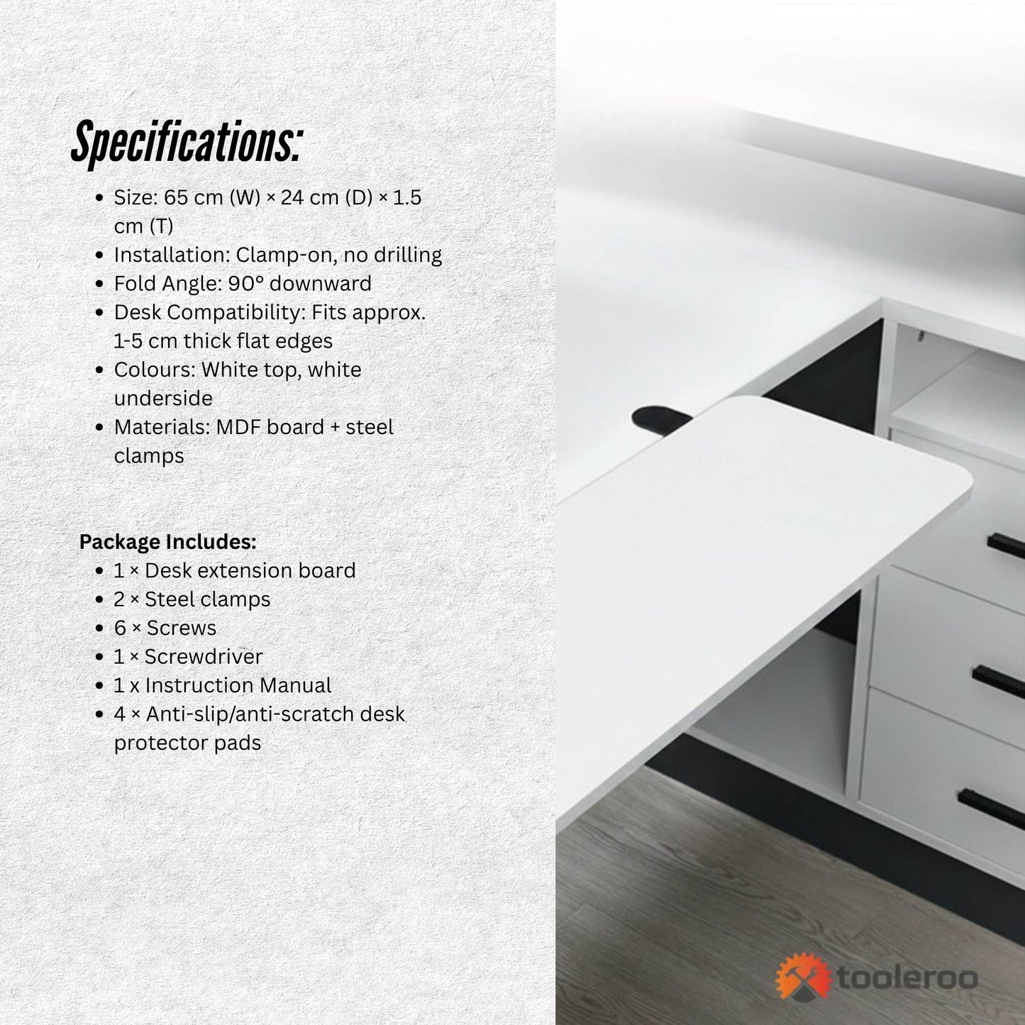Tooleroo Folding Tray Desk Extender - Clamp-On Table Extension Shelf White