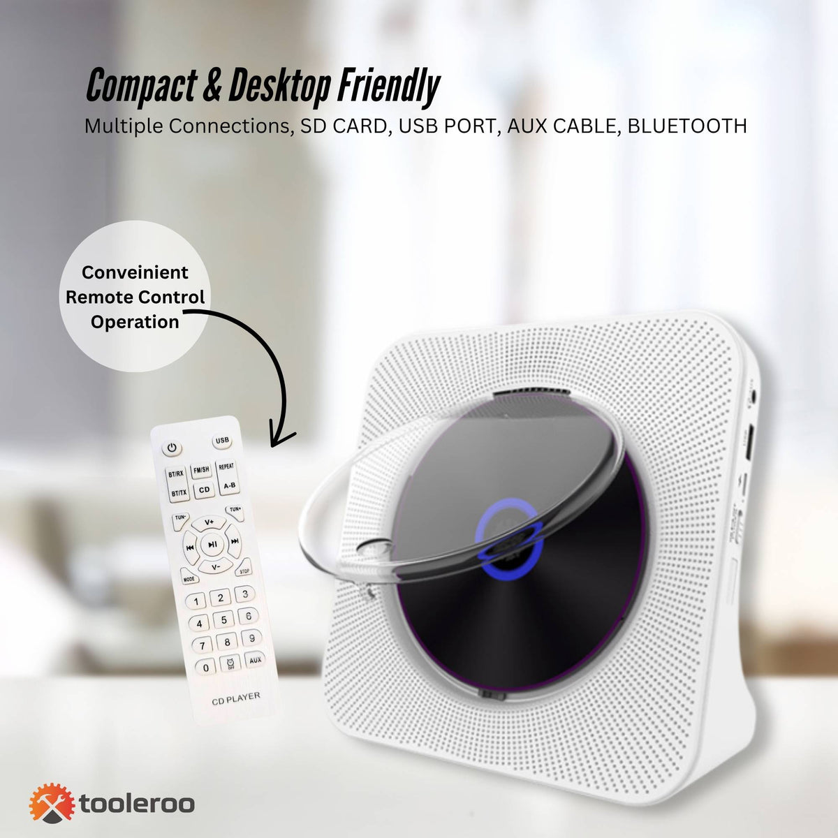 Tooleroo Portable CD Player Bluetooth FM Radio USB Rechargeable White
