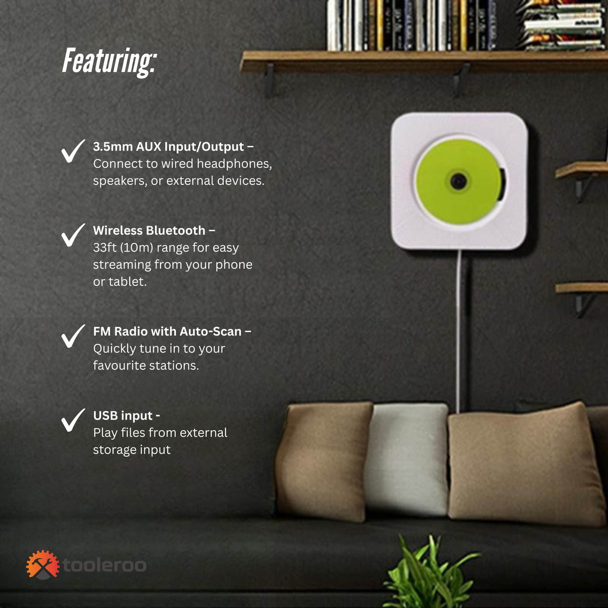 Tooleroo Wall Mount CD Player Bluetooth FM Radio USB AUX Speaker - White