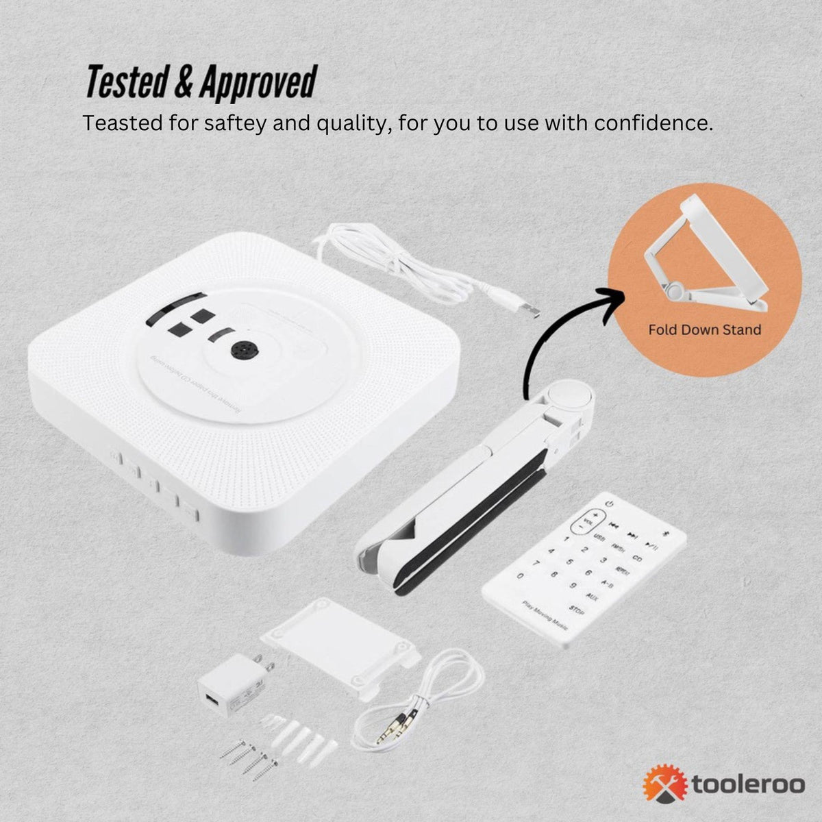 Tooleroo Wall Mount CD Player Bluetooth FM Radio USB AUX Speaker - White