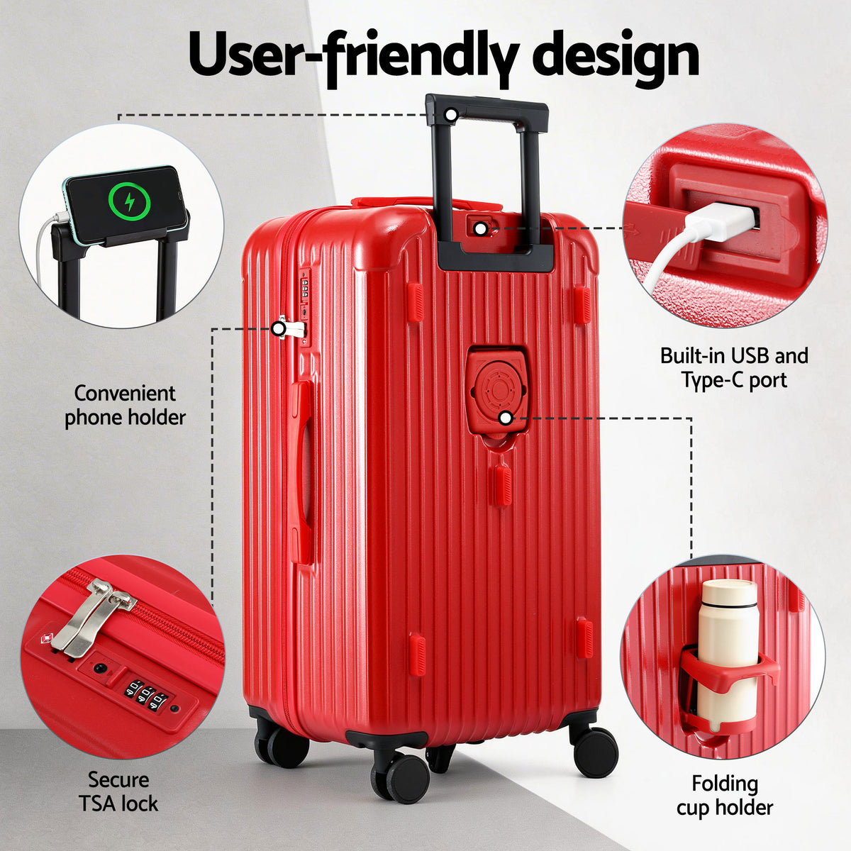 Wanderlite 28" Trunk Luggage Suitcase Travel 5 Wheels Type-C Port TSA Red