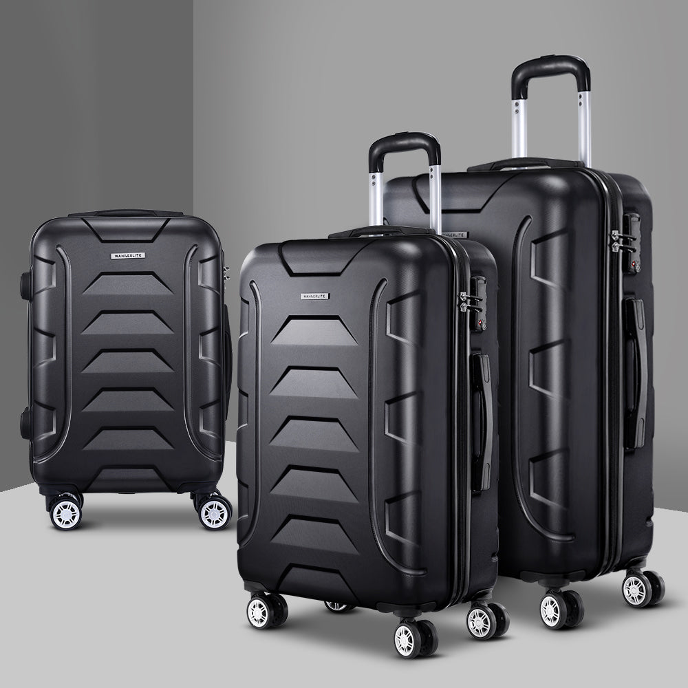 Wanderlite 3Set 20-24-28 Inch Luggage with TSA Lock Spinner Carry On Hard Shell Travel Suitcase Luggage Case Black