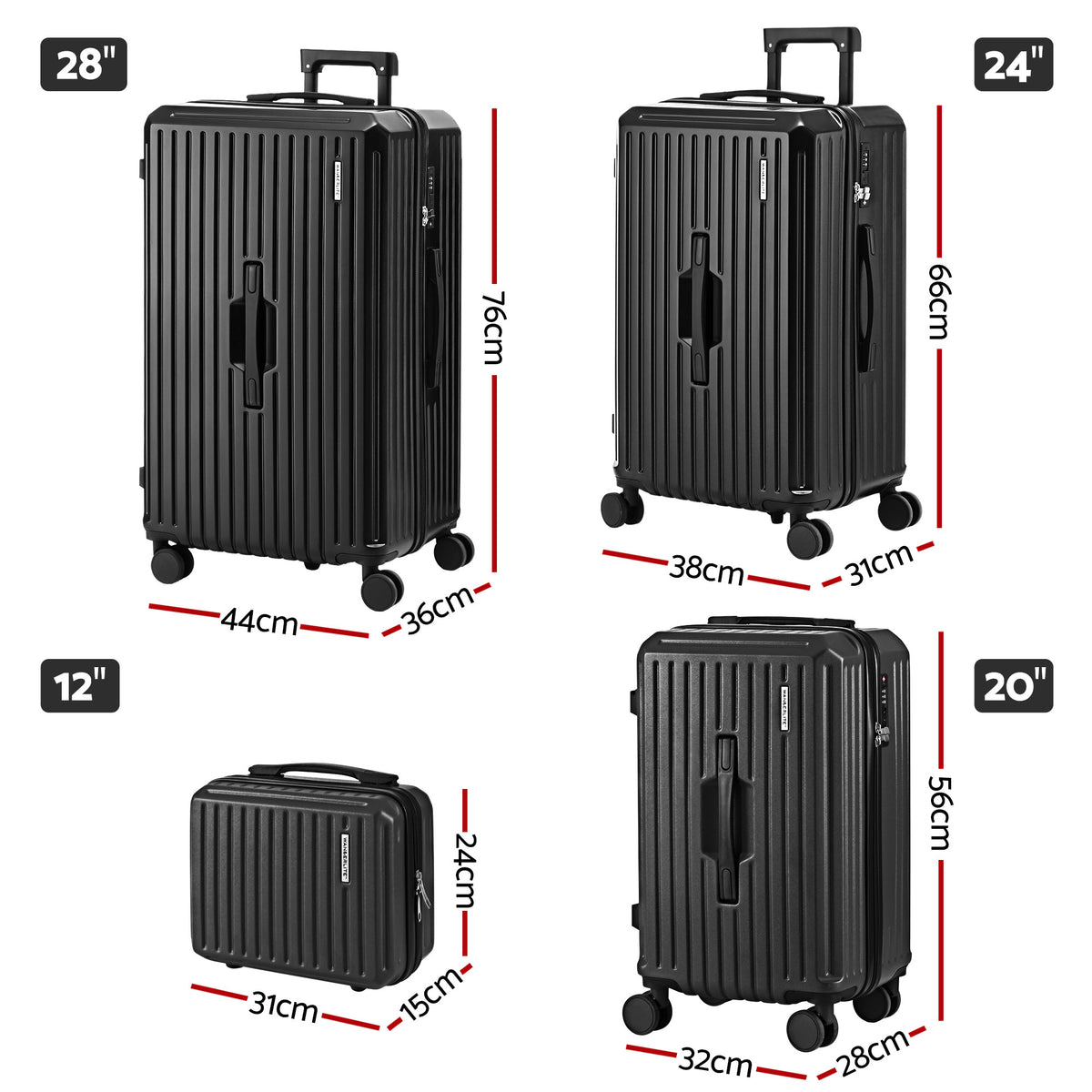 Wanderlite 4pcs Trunk Luggage Suitcase Set Travel Carry On TSA Lock Black