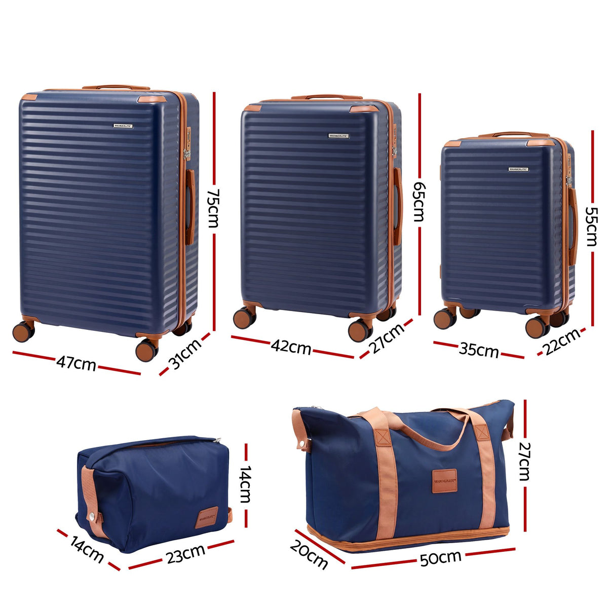 Wanderlite 5pcs Luggage Suitcase Set Trolley Travel TSA Lightweight Hard Case Navy Brown