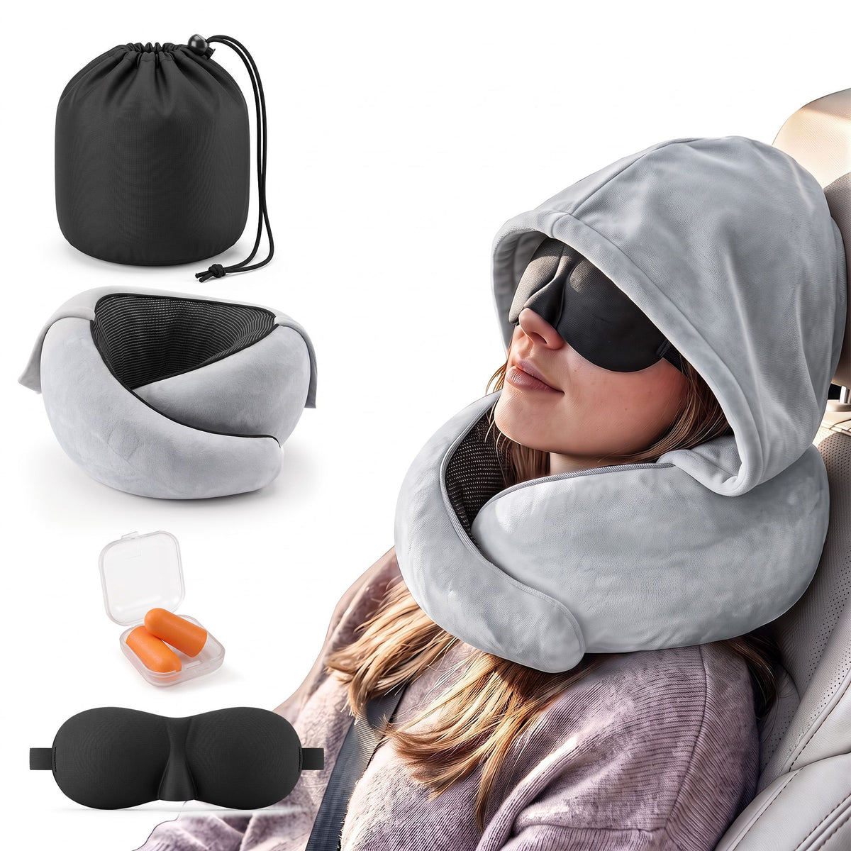 Wanderlite Hooded Travel Neck Pillow for Airplane Memory Foam with Eye Mask Earplugs, Light Grey