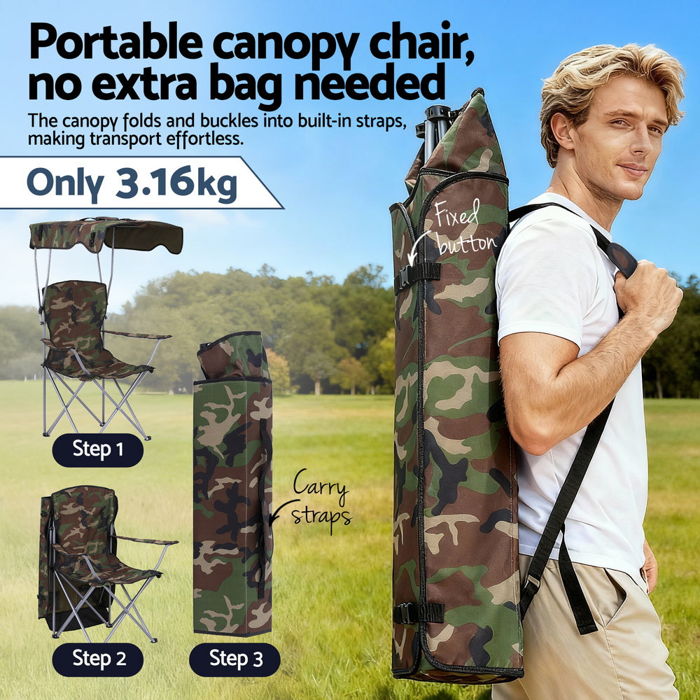 Weisshorn Camping Chair With Canopy Folding Outdoor Portable Seat Lightweight Beach Picnic Fishing Capacity 120KG Army Green