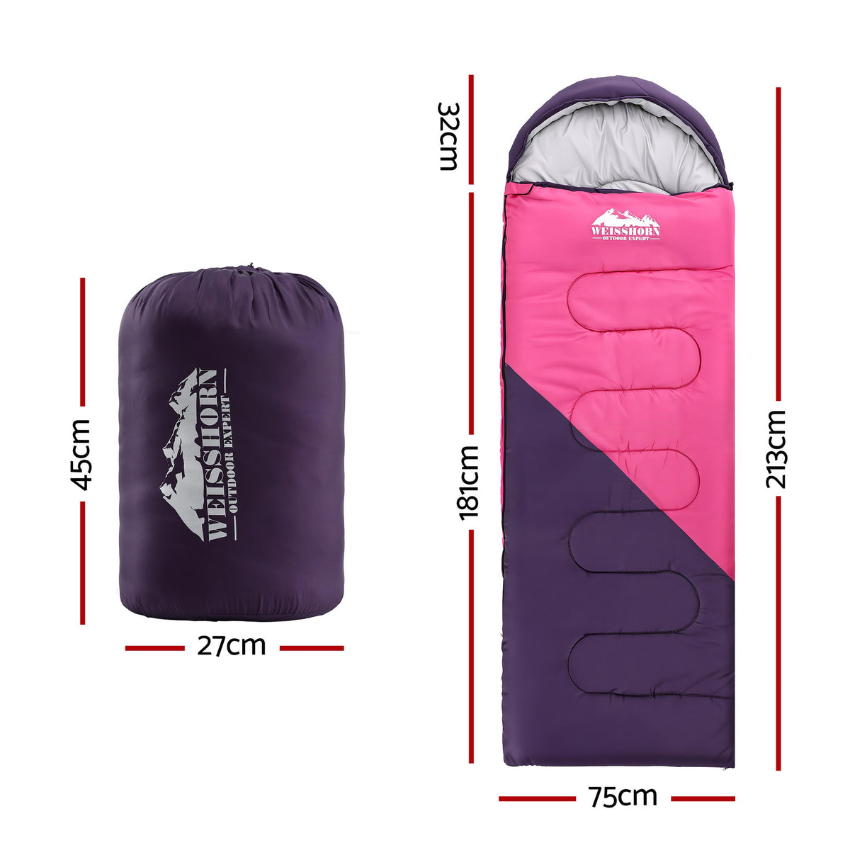 Weisshorn Sleeping Bag Single 213cm Thermal Camping Hiking Pink