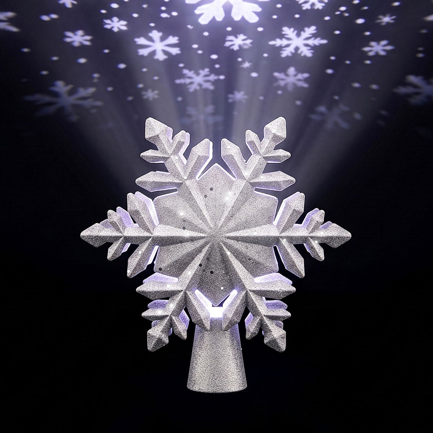 Jingle Jollys Christmas Tree Topper Lighted 360° Rotating Snowflake Projector Silver Glitter