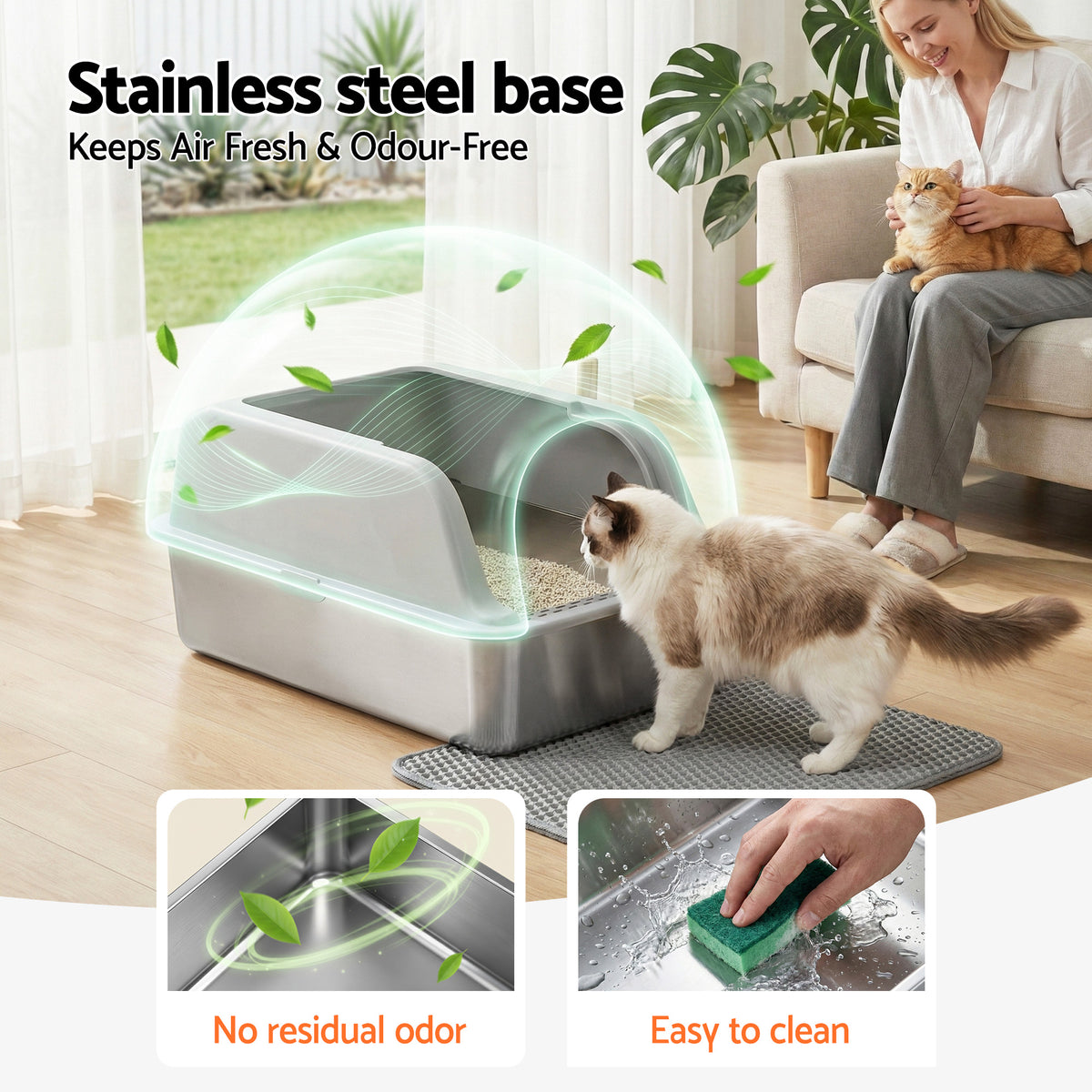 i.Pet Cat Litter Box Stainless Steel Large Semi-Enclosed Pet Kitty Toilet Grey