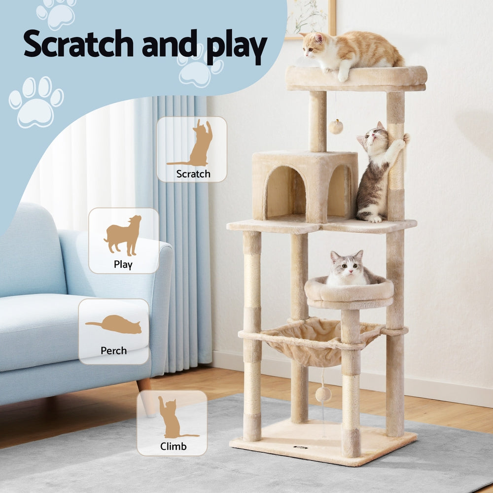 i.Pet Cat Tree 143cm Tower Scratching Post Trees Scratcher Condo House Beige