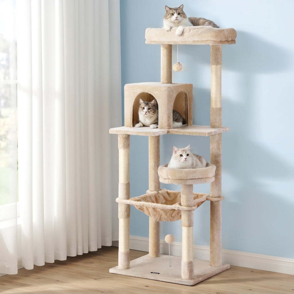 i.Pet Cat Tree 143cm Tower Scratching Post Trees Scratcher Condo House Beige