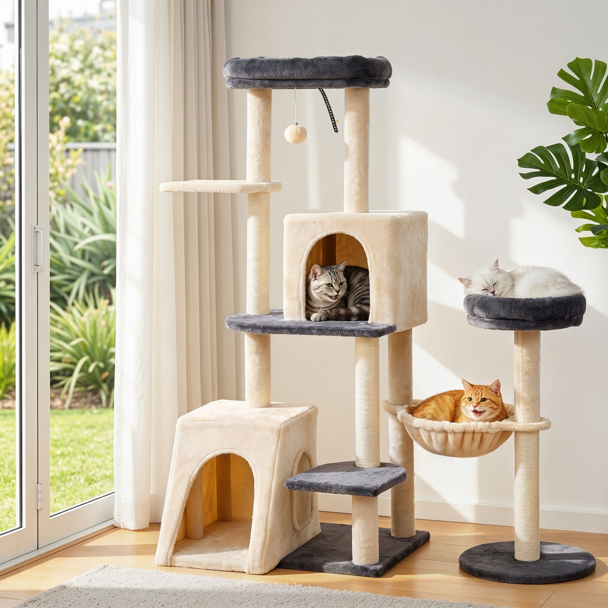 i.Pet Cat Tree Tower 133cm Rotatable L-Shape Design Scratching Post Furniture Scratcher House Grey & Beige