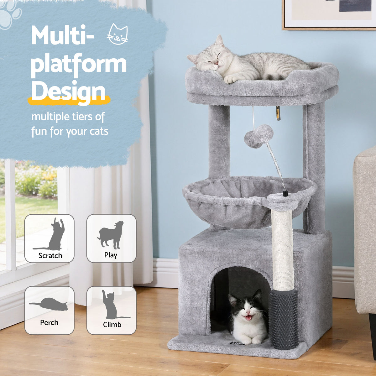 i.Pet Cat Tree Tower 82cm Scratching Post Furniture Scratcher House Light Grey