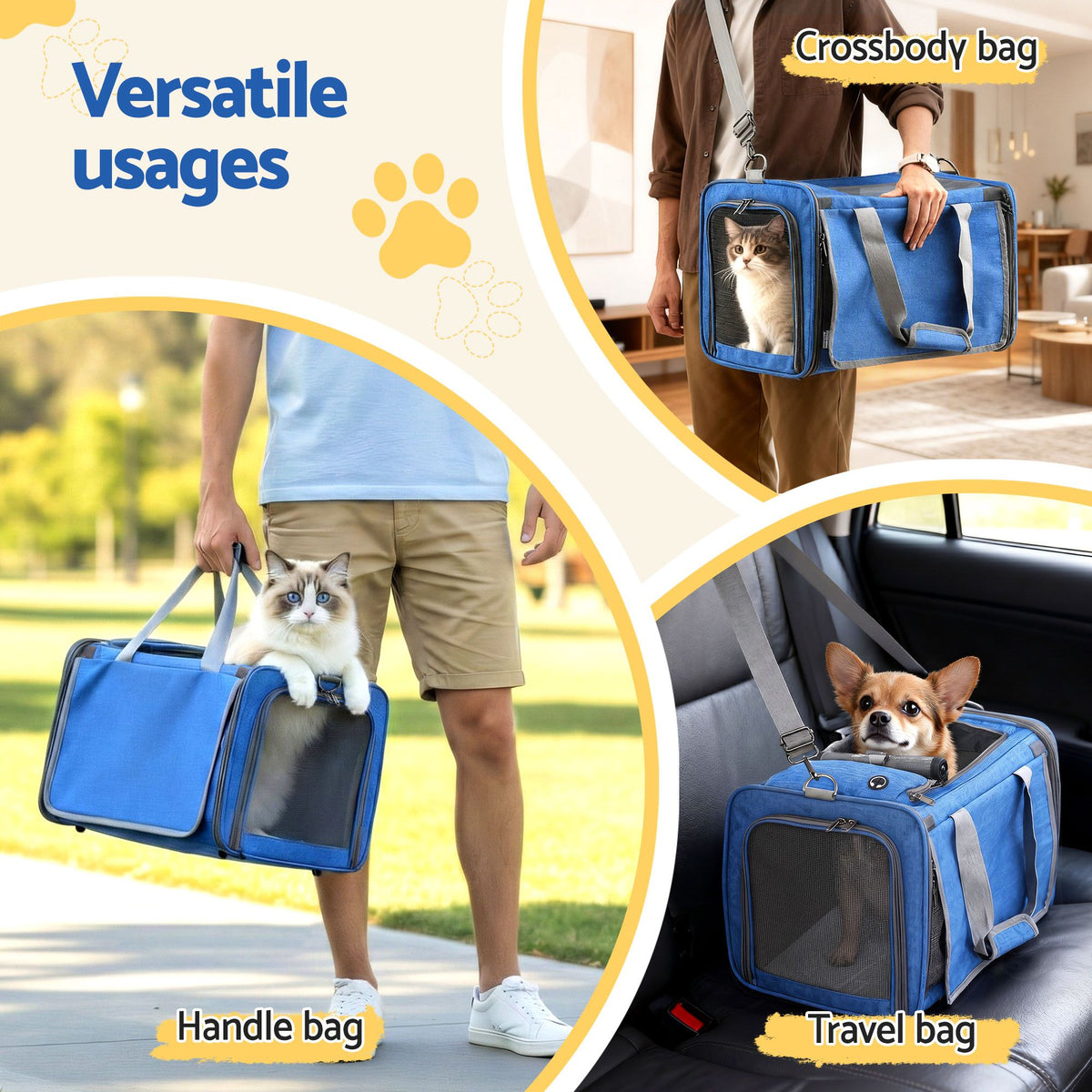 i.Pet Pet Carrier Bag Foldable Dog Cat Durable Crate Travel Cage Portable Car Kennel Blue
