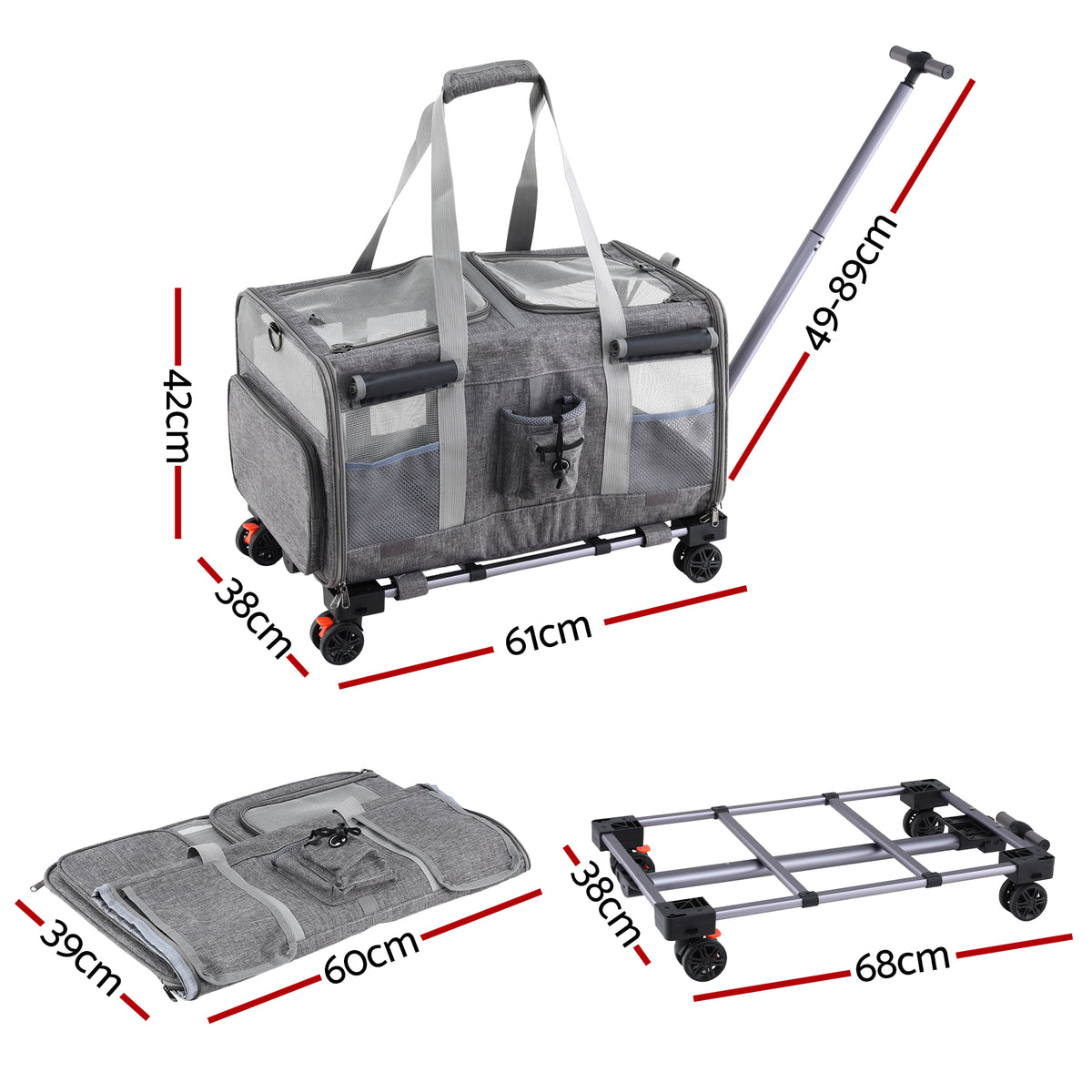 i.Pet Pet Carrier Swivel Wheels Foldable Cat Dog Trolley Stroller Travel Bag Grey