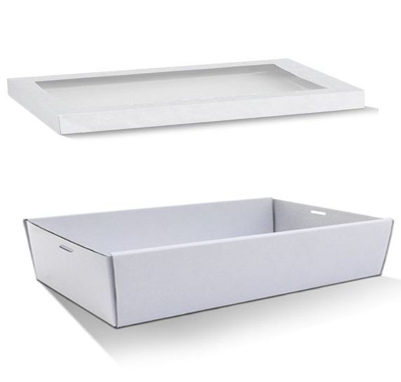 10 x White Disposable Catering Grazing Boxes Trays Clear Frame Lids - Large