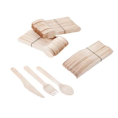 100 X Disposable Wooden Cutlery Bulk Bamboo Party 160mm - Spoons/Knives/Forks