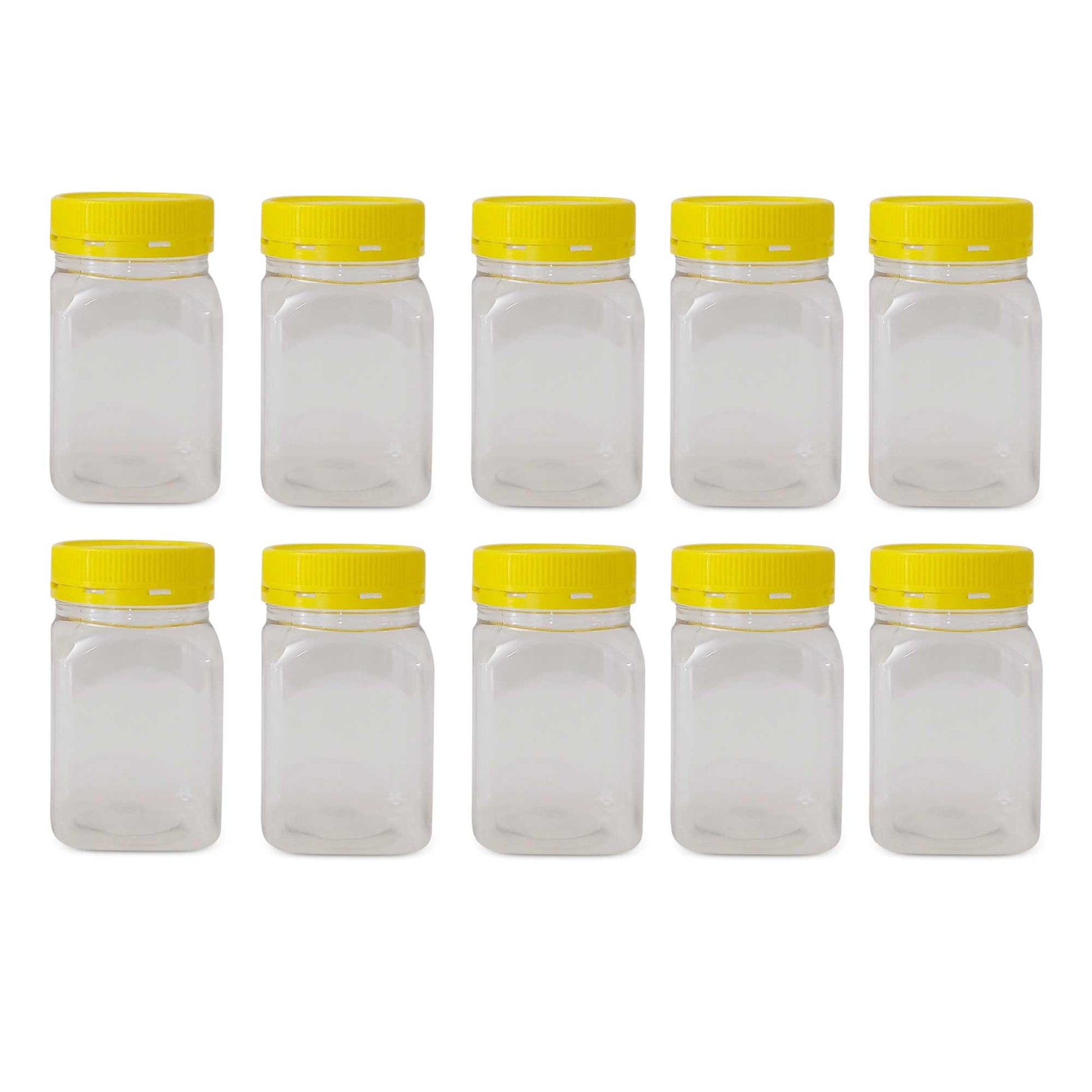 10x 500g Plastic Honey Jars + Lids - Square Clear Food Grade Packaging Containers