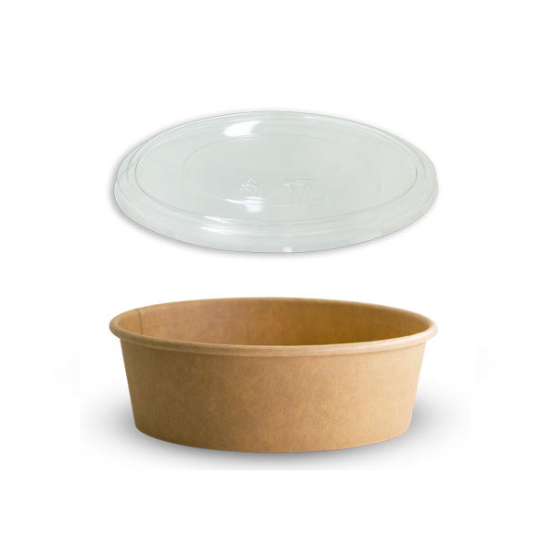 150 X Brown Kraft Paper Food Bowls And Lids 500Ml