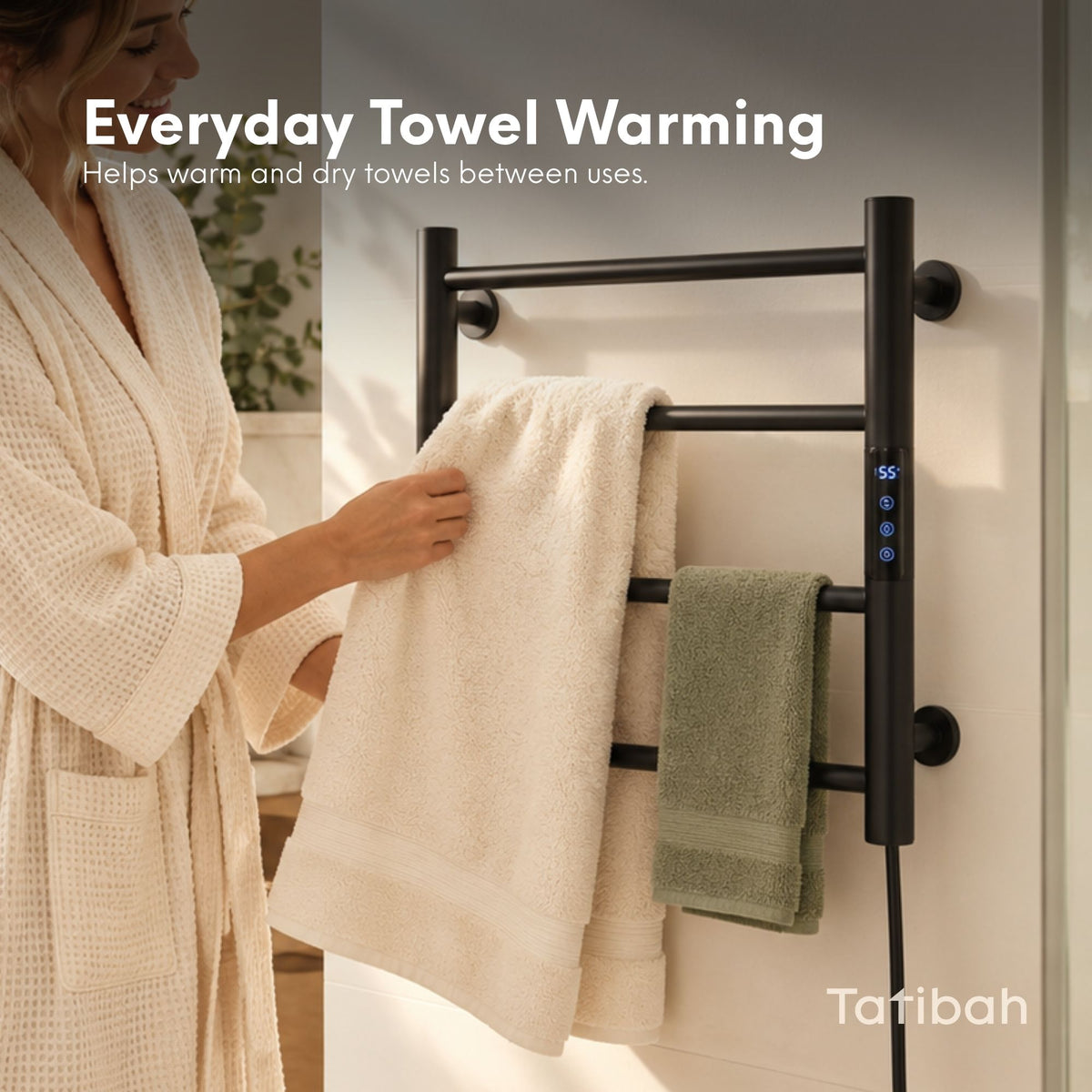 Tatibah 4 Bar Heated Towel Rack Electric Warming Rails + Timer Matte Black